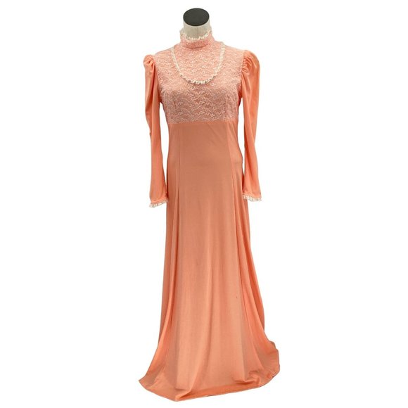 Vintage Dresses & Skirts - 1970's High Neckline Peach Pink Prairie Cottagecore Dress Vintage Lace